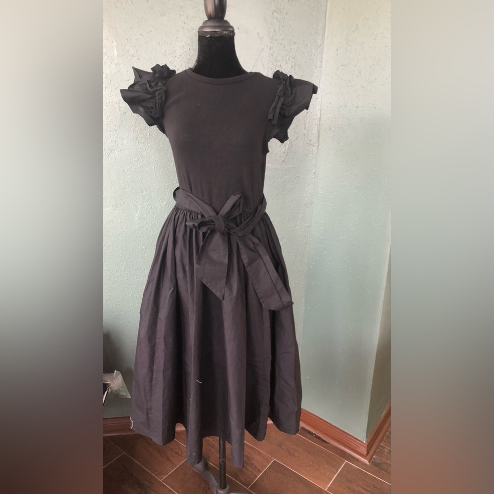 Gibson Latimer Black Ruffle Sleeve Tie-Waist Midi Dress M